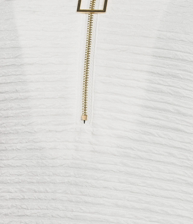 Calessa Textured Yarn-Dye Knit Wire Collar 3/4 Roll-Tab Sleeve Quarter Zip-Up Tunic