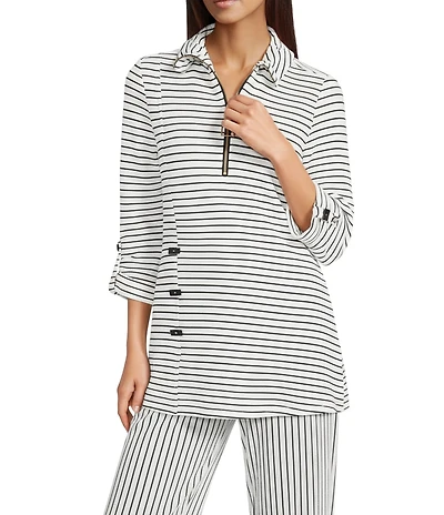 Calessa Coordinating Textured Yarn-Dye Knit Wire Collar 3/4 Roll-Tab Sleeve Quarter Zip-Up Tunic