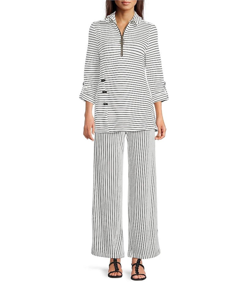 Calessa Coordinating Textured Yarn-Dye Knit Wire Collar 3/4 Roll-Tab Sleeve Quarter Zip-Up Tunic