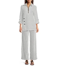 Calessa Coordinating Textured Yarn-Dye Knit Wire Collar 3/4 Roll-Tab Sleeve Quarter Zip-Up Tunic