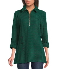 Calessa Textured Yarn-Dye Wire Collar 3/4 Sleeve Quarter-Zip Knit Top