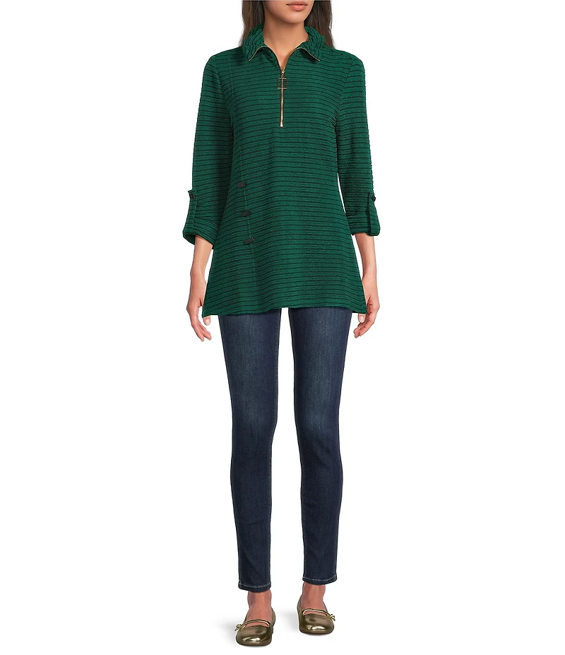 Calessa Textured Yarn-Dye Wire Collar 3/4 Sleeve Quarter-Zip Knit Top