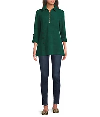 Calessa Textured Yarn-Dye Wire Collar 3/4 Sleeve Quarter-Zip Knit Top