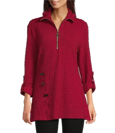 Calessa Textured Yarn-Dye Wire Collar Long Roll-Tab Sleeve Quarter-Zip Knit Top