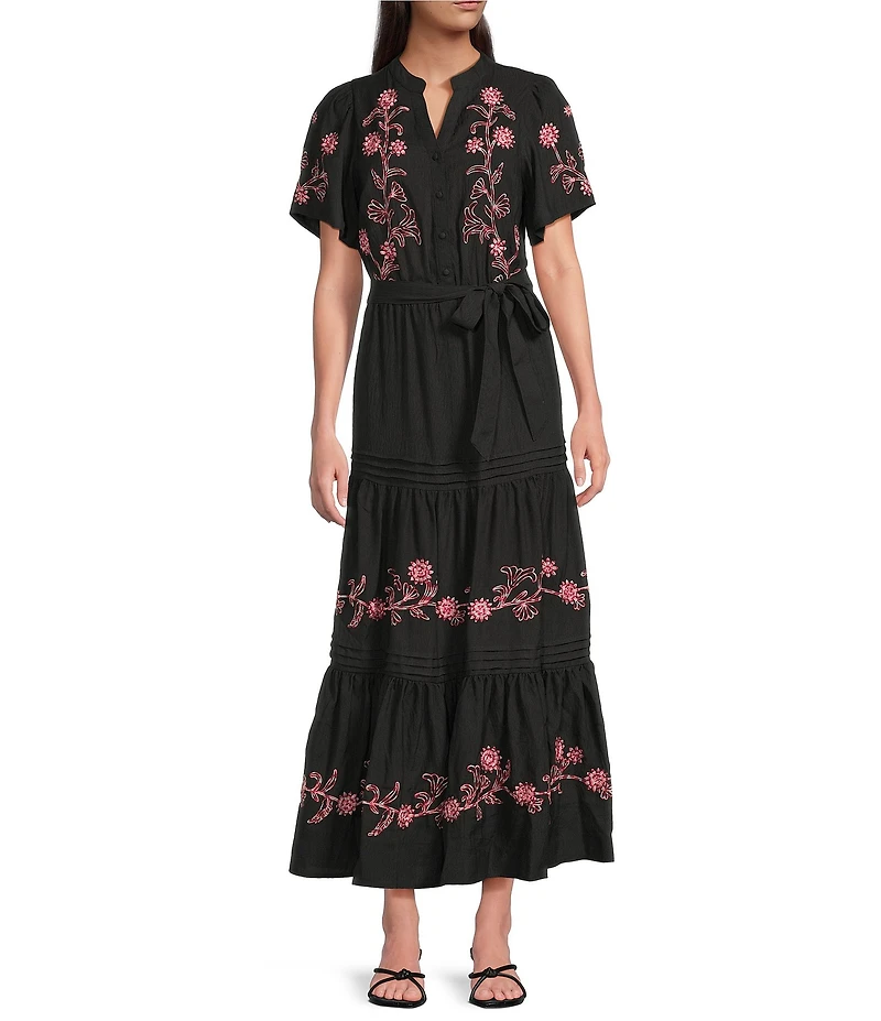 Calessa V-Neck Short Balloon Sleeve Comfort Tiered Floral Embroidered Maxi Dress