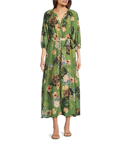 Calessa V-Neck Wrist Elasticated Long Sleeve Tiered Belted Floral Printed A-Line Midi Dress