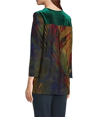 Calessa Velvet Embroidered Burnout Tie-Dye Knit V-Neck 3/4 Sleeve Tunic