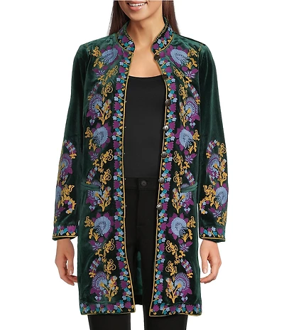 Calessa Velvet Floral Embroidered Stand Collar Long Sleeve Jacket