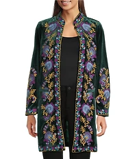 Calessa Velvet Floral Embroidered Stand Collar Long Sleeve Jacket