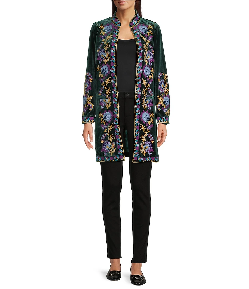 Calessa Velvet Floral Embroidered Stand Collar Long Sleeve Jacket