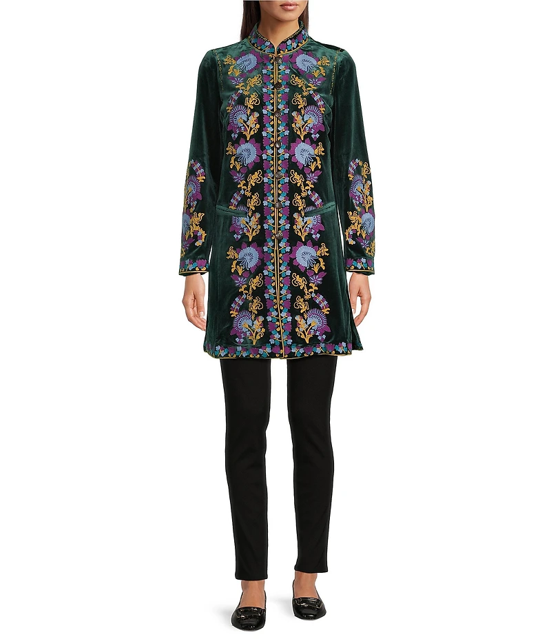 Calessa Velvet Floral Embroidered Stand Collar Long Sleeve Jacket