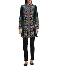 Calessa Velvet Floral Embroidered Stand Collar Long Sleeve Jacket