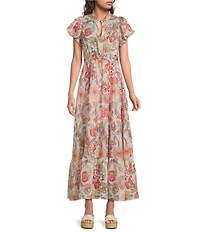 Calessa Vine Floral Split V-Neck Short Puff Sleeve Tiered A-Line Midi Dress