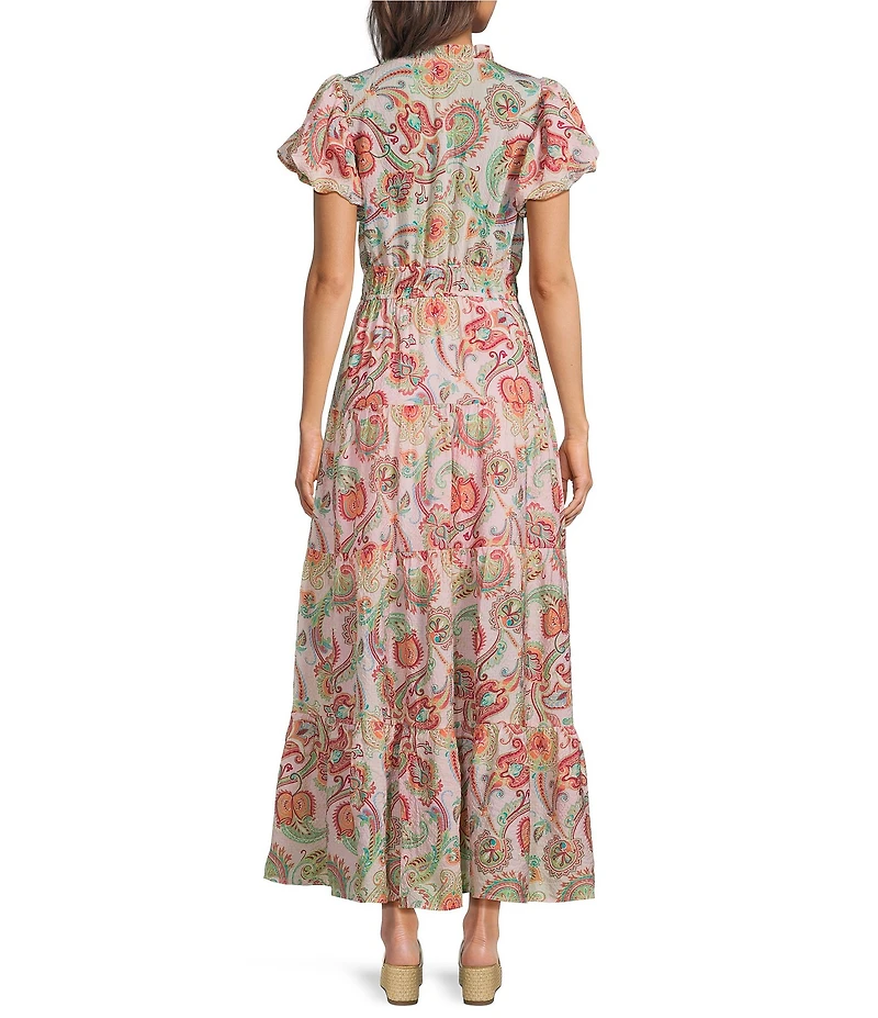 Calessa Vine Floral Split V-Neck Short Puff Sleeve Tiered A-Line Midi Dress