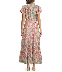 Calessa Vine Floral Split V-Neck Short Puff Sleeve Tiered A-Line Midi Dress