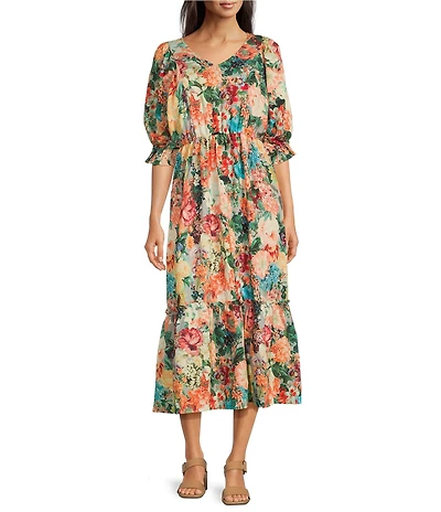 Calessa Vintage Floral V-Neck Elbow Sleeve A-Line Midi Dress