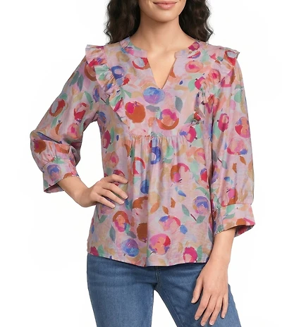 Calessa Woven Abstract Floral Split V-Neck Ruffle Shoulder 3/4 Sleeve Tunic