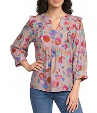 Calessa Woven Abstract Floral Split V-Neck Ruffle Shoulder 3/4 Sleeve Tunic