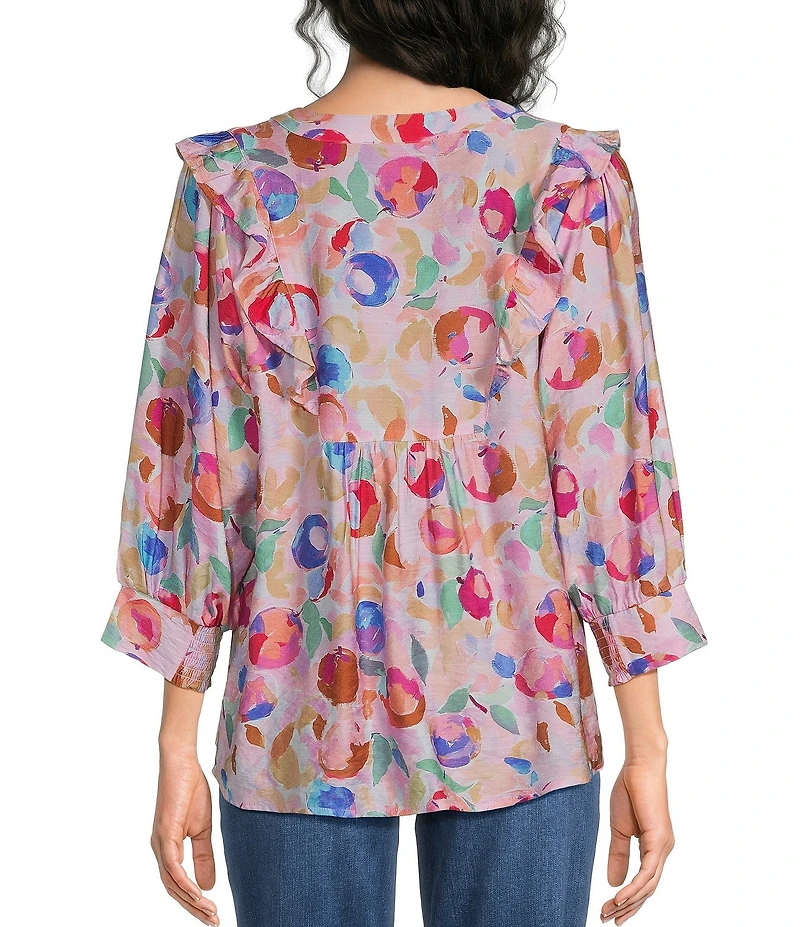 Calessa Woven Abstract Floral Split V-Neck Ruffle Shoulder 3/4 Sleeve Tunic