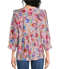 Calessa Woven Abstract Floral Split V-Neck Ruffle Shoulder 3/4 Sleeve Tunic