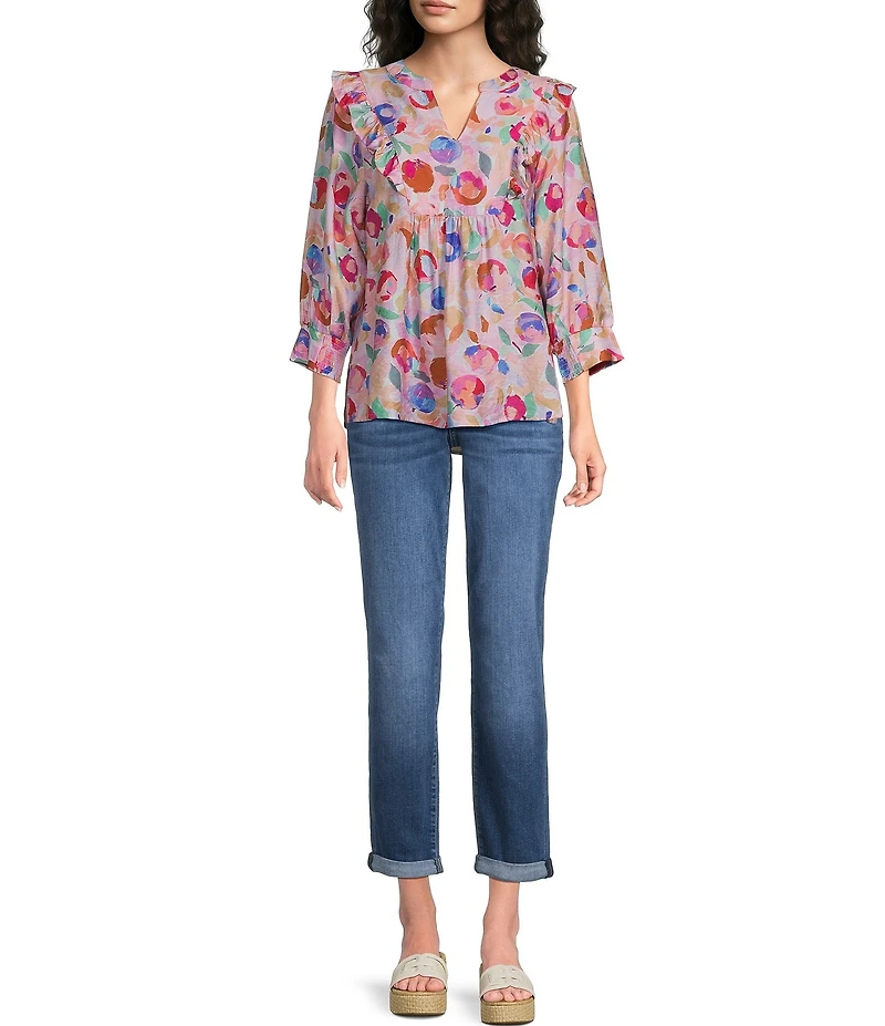 Calessa Woven Abstract Floral Split V-Neck Ruffle Shoulder 3/4 Sleeve Tunic