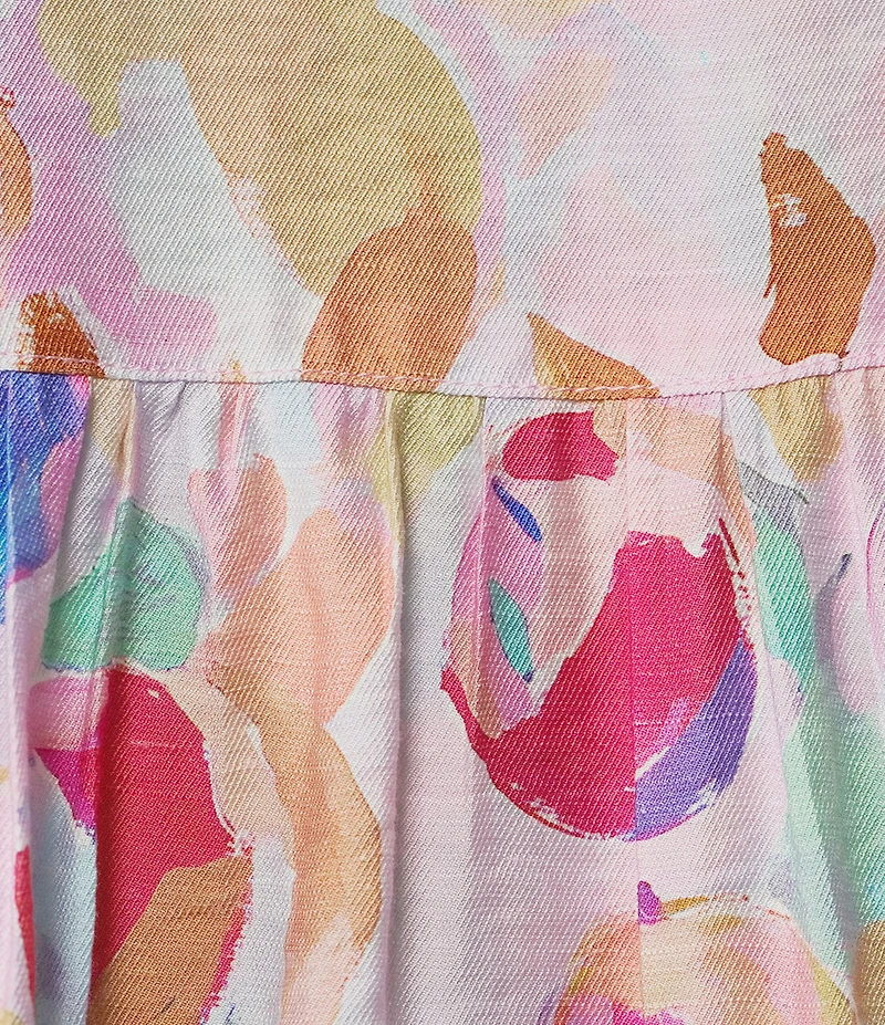 Calessa Woven Abstract Floral Split V-Neck Ruffle Shoulder 3/4 Sleeve Tunic