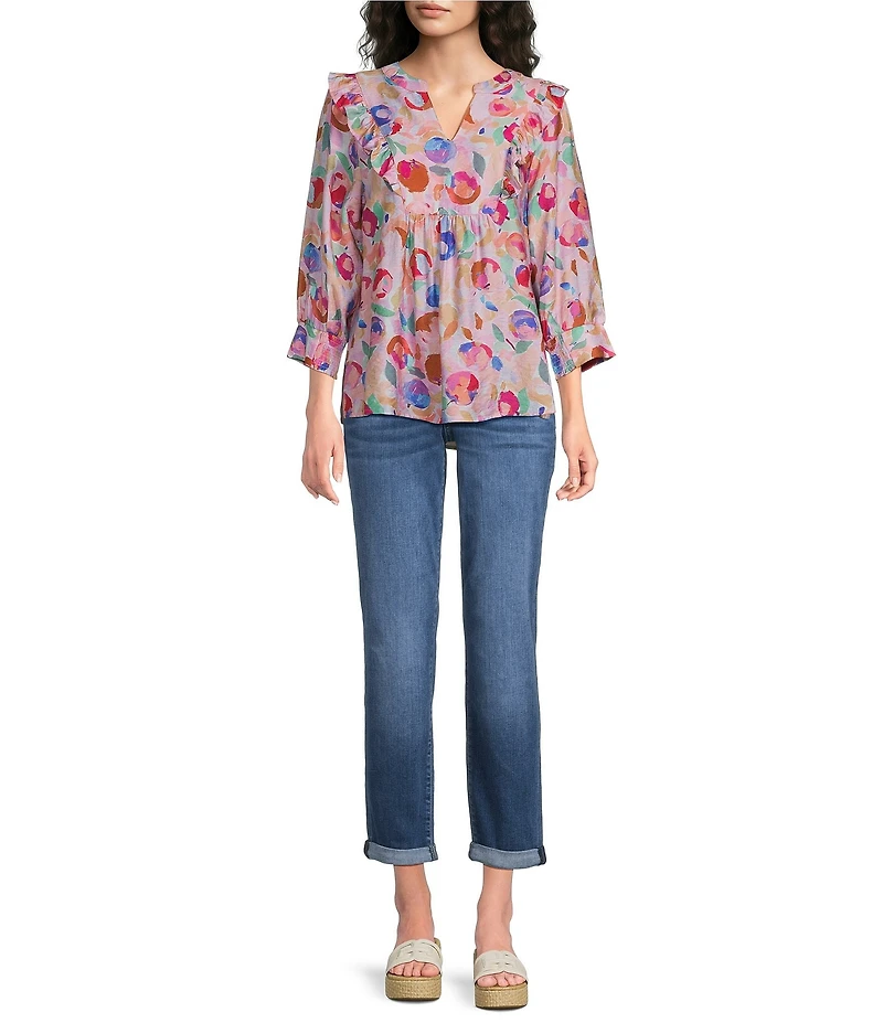 Calessa Woven Abstract Floral Split V-Neck Ruffle Shoulder 3/4 Sleeve Tunic