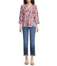 Calessa Woven Abstract Floral Split V-Neck Ruffle Shoulder 3/4 Sleeve Tunic
