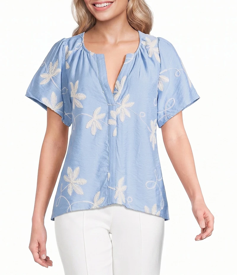 Calessa Woven All Over Embroidered Split V-Neck Short Sleeve Tunic