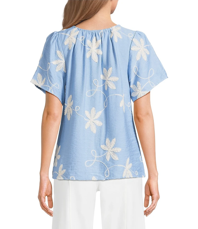 Calessa Woven All Over Embroidered Split V-Neck Short Sleeve Tunic