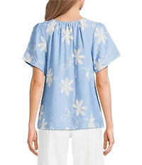 Calessa Woven All Over Embroidered Split V-Neck Short Sleeve Tunic