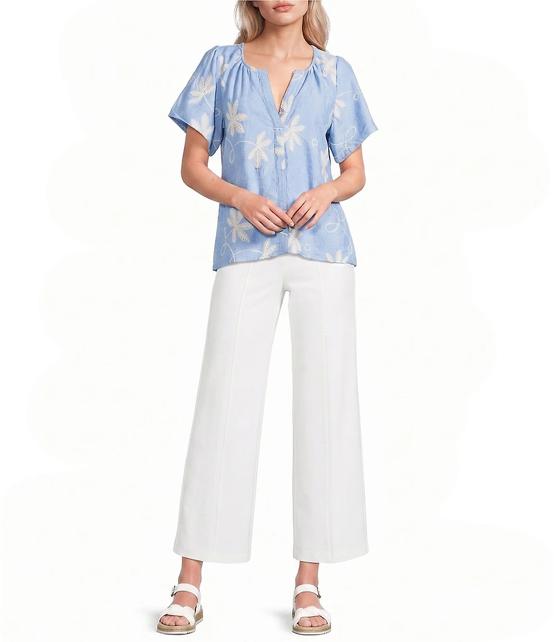 Calessa Woven All Over Embroidered Split V-Neck Short Sleeve Tunic