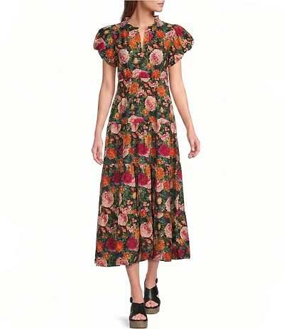 Calessa Woven Antique Garden Floral Split V-Neck Short Sleeve A-Line Midi Dress