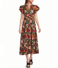 Calessa Woven Antique Garden Floral Split V-Neck Short Sleeve A-Line Midi Dress