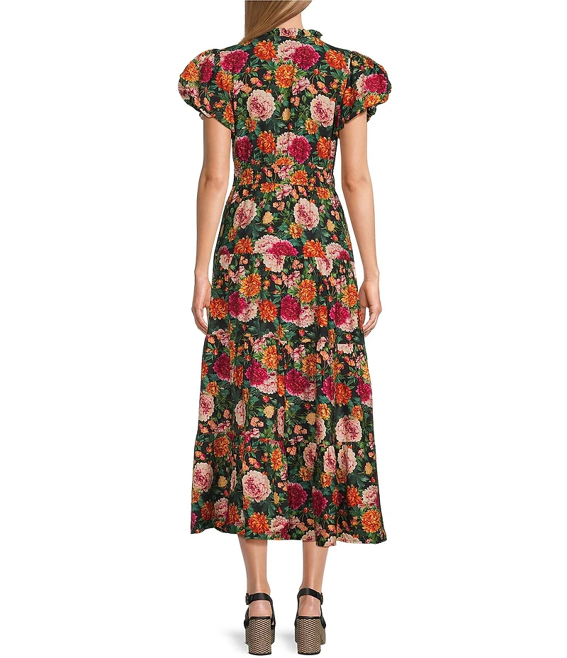 Calessa Woven Antique Garden Floral Split V-Neck Short Sleeve A-Line Midi Dress