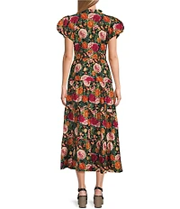 Calessa Woven Antique Garden Floral Split V-Neck Short Sleeve A-Line Midi Dress