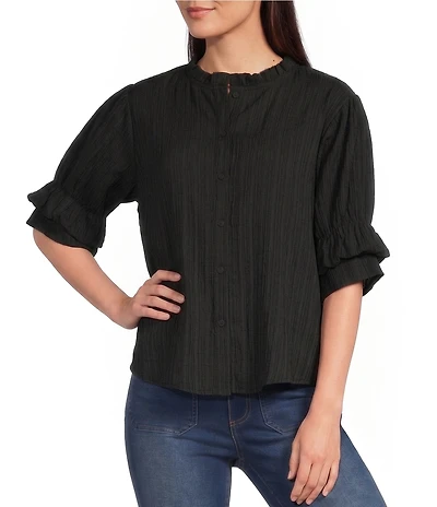 Calessa Woven Band Collar Elbow Length Sleeve Button Front Shirt