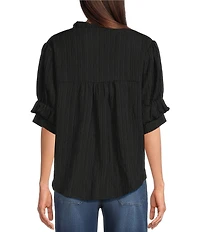 Calessa Woven Band Collar Elbow Length Sleeve Button Front Shirt