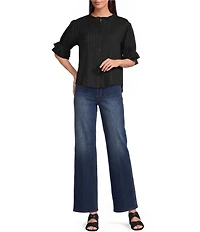 Calessa Woven Band Collar Elbow Length Sleeve Button Front Shirt