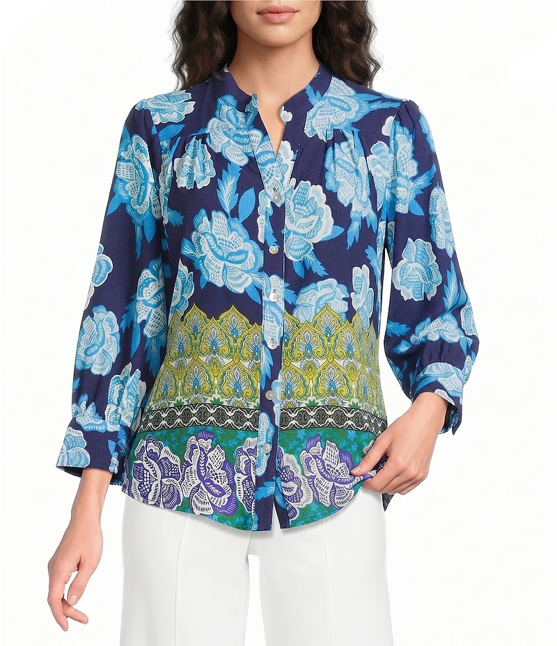 Calessa Woven Border Foulard Split Tie Neck 3/4 Sleeve Button Front Tunic
