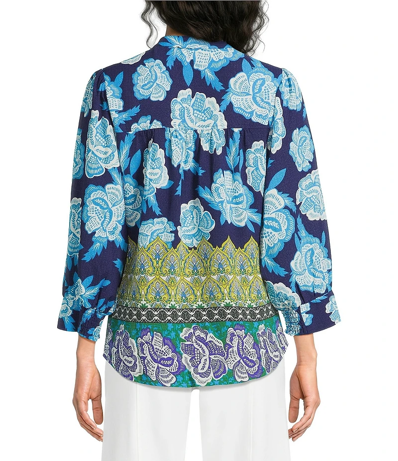 Calessa Woven Border Foulard Split Tie Neck 3/4 Sleeve Button Front Tunic