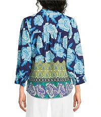 Calessa Woven Border Foulard Split Tie Neck 3/4 Sleeve Button Front Tunic