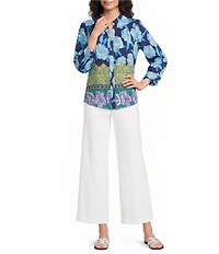 Calessa Woven Border Foulard Split Tie Neck 3/4 Sleeve Button Front Tunic