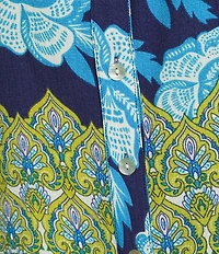 Calessa Woven Border Foulard Split Tie Neck 3/4 Sleeve Button Front Tunic