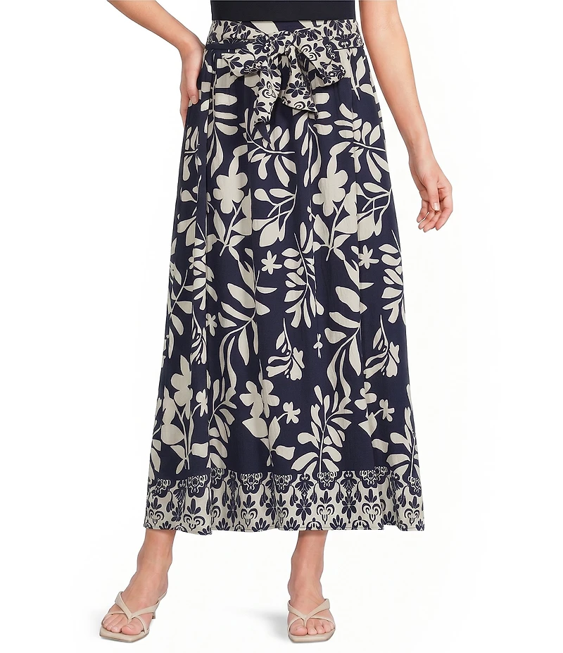 Calessa Woven Border Leaf Print A-Line Midi Skirt