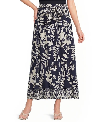 Calessa Woven Border Leaf Print A-Line Midi Skirt