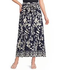 Calessa Woven Border Leaf Print A-Line Midi Skirt