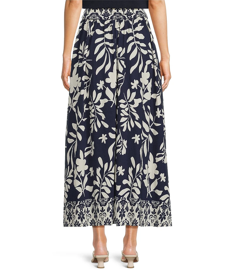 Calessa Woven Border Leaf Print A-Line Midi Skirt