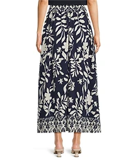 Calessa Woven Border Leaf Print A-Line Midi Skirt