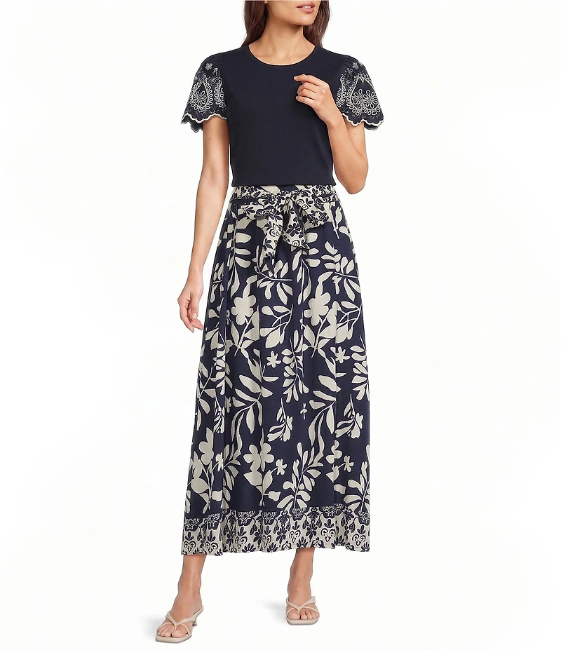 Calessa Woven Border Leaf Print A-Line Midi Skirt